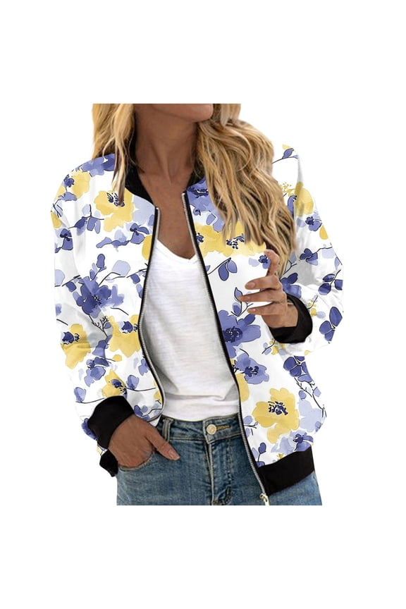 Women's Autumn Winter Casual Baseball Jacket Blue Green Printed Denim with Ribbed Cuffs, Zip-Up Short Coat