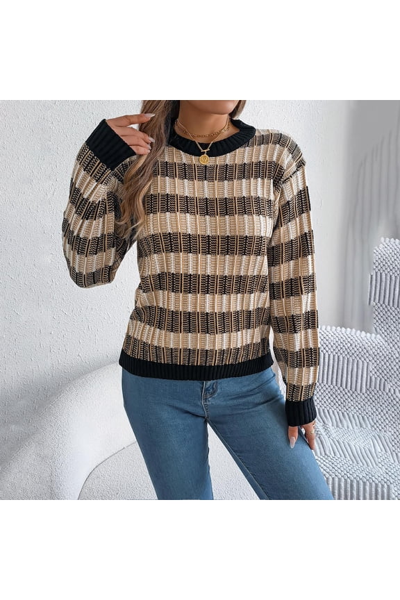 Women's Autumn/Winter Checkered Knit Sweater: Straight Sleeves & Oversized Fit for Casual/Office
