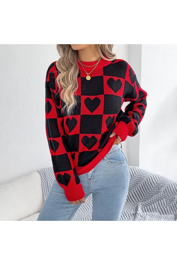 Women's Autumn/Winter Crew Neck Sweater: Heart Check Motifs & Ribbed Cuffs, Thick Knit Oversized