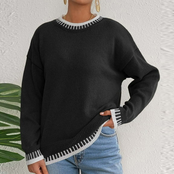 Uaswgudfs Women's Autumn/Winter Crew Neck Sweater: Striped Collar/Cuffs/Hem Accents, Oversized Cozy Fit