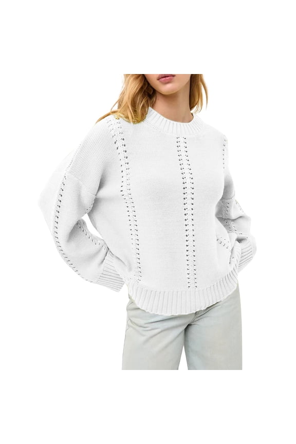 Women's Autumn/Winter Crew Neck Sweater: Vertical Perforated Detailing & Cropped Boxy Fit, Thick Knit