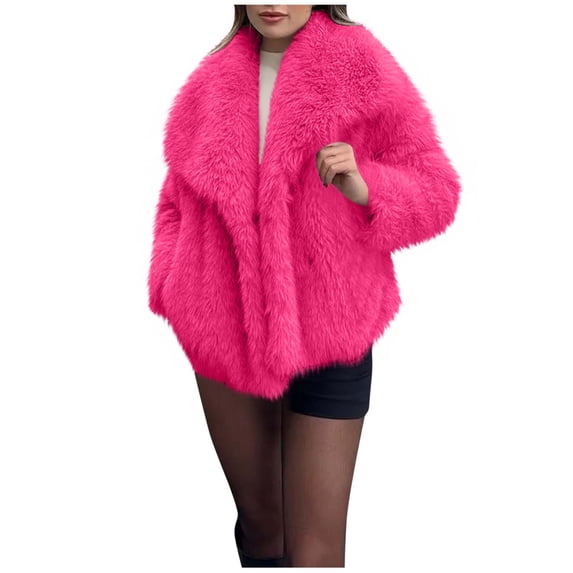 Uaswgudfs Women's Autumn/Winter Faux Fur Coat: Button-Free Wide Lapel, Mid-Length Hoodless Design w/ Front Pockets