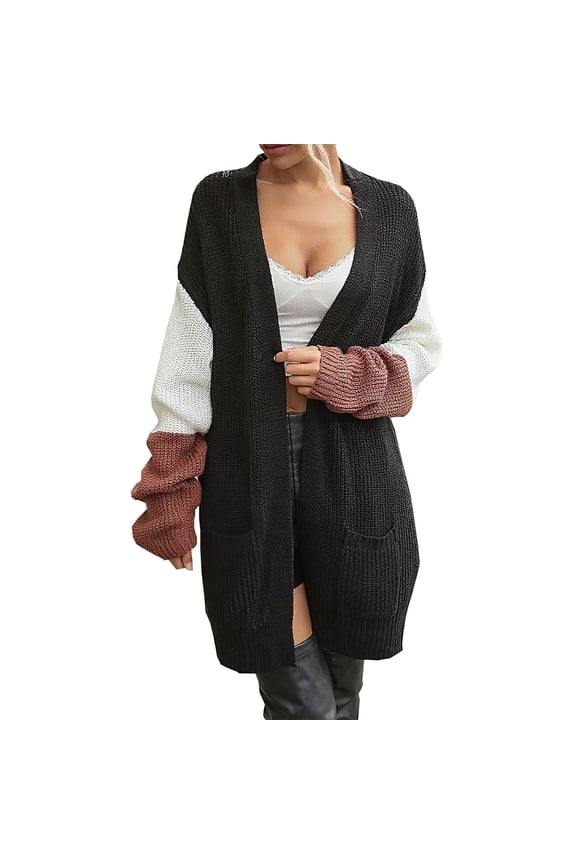 Women's Autumn/Winter Long Knit Cardigan: Open Front w/ Relaxed Sleeves & Patch Pockets for Warm Casual Daily Wear​