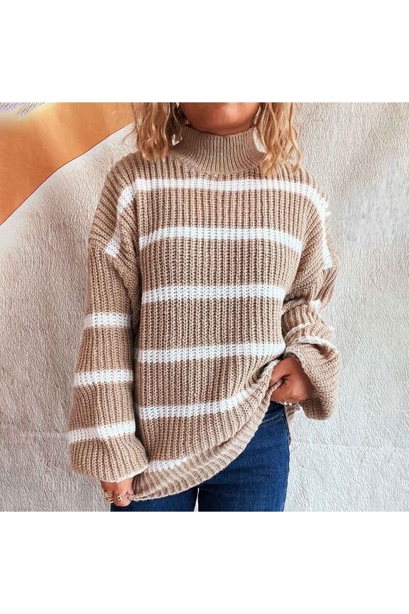 Women's Autumn/Winter Ribbed Turtleneck Sweater: Horizontal Stripes & Oversized Fit for Warmth