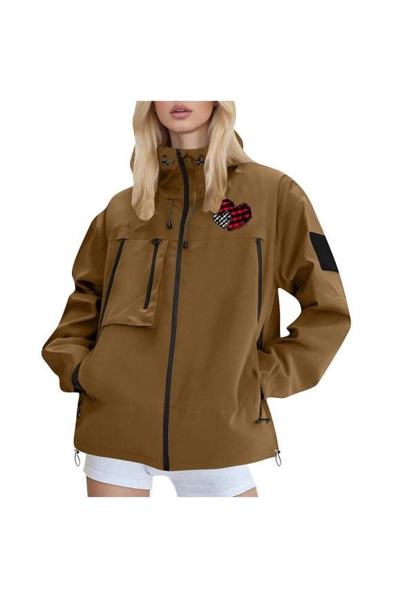 Women's Autumn/Winter Short Polyester Jacket: Hooded Waterproof w/ Multi-Pockets & Heart Patch - Outdoor & Daily Wear