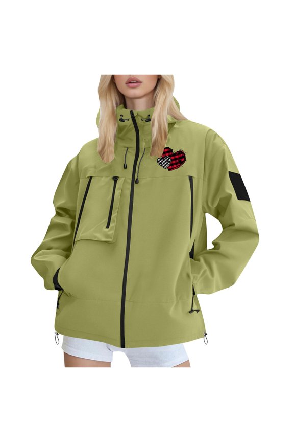 Women's Autumn/Winter Short Polyester Jacket: Hooded Waterproof w/ Multi-Pockets & Heart Patch - Outdoor & Daily Wear