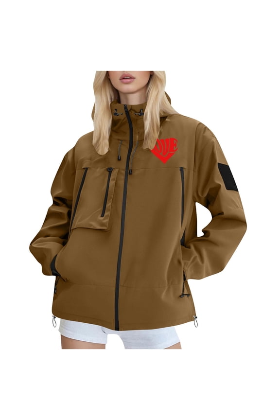 Women's Autumn/Winter Short Polyester Jacket: Hooded Waterproof w/ Multi-Pockets & Heart Patch - Outdoor & Daily Wear