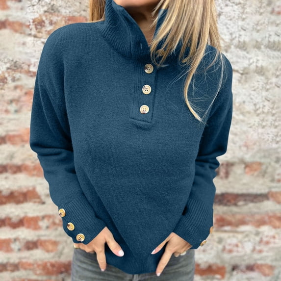 Uaswgudfs Women's Autumn/Winter Turtleneck Sweater: Ribbed Cuffs & Hem, Button Details, Oversized Cozy Fit