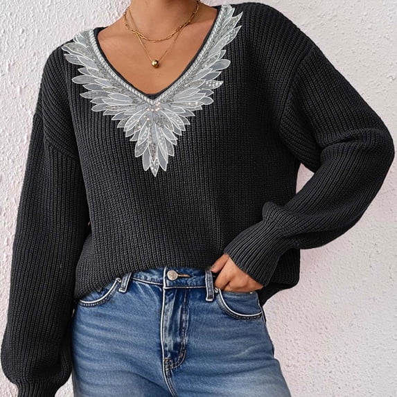 Uaswgudfs Women's Autumn/Winter V-Neck Knit Sweater: Feather Detail & Balloon Sleeves, Oversized Cozy Fit