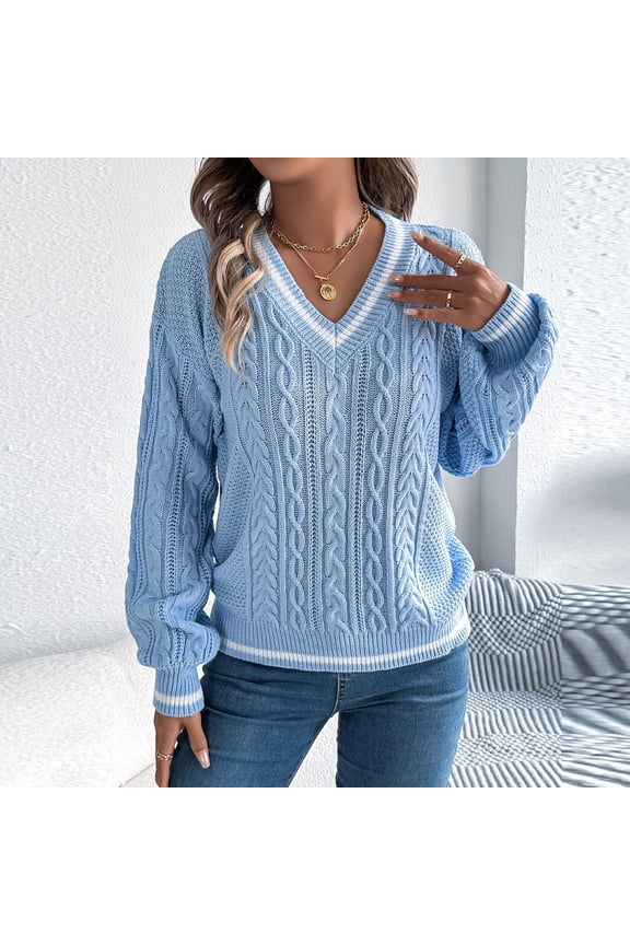 Women's Autumn/Winter V-Neck Sweater: Cable Knit & Striped Trim, Thick Relaxed Fit