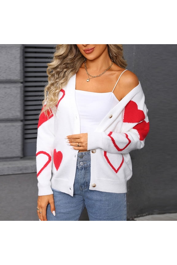 Women's Autumn/Winter V-Neck Sweater: Heart Patterns, Ribbed Cuffs & Button Decor, Oversized Cozy Fit