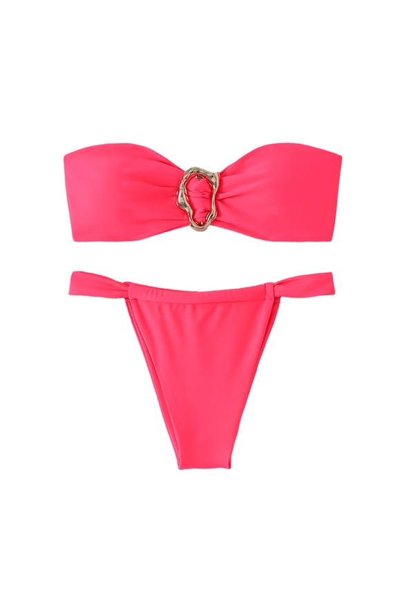 Women's Bandeau Strapless Two Piece Bikini Set, Metallic Ring Accent High Cut Cheeky Tie Side Bathing Suit Pink L