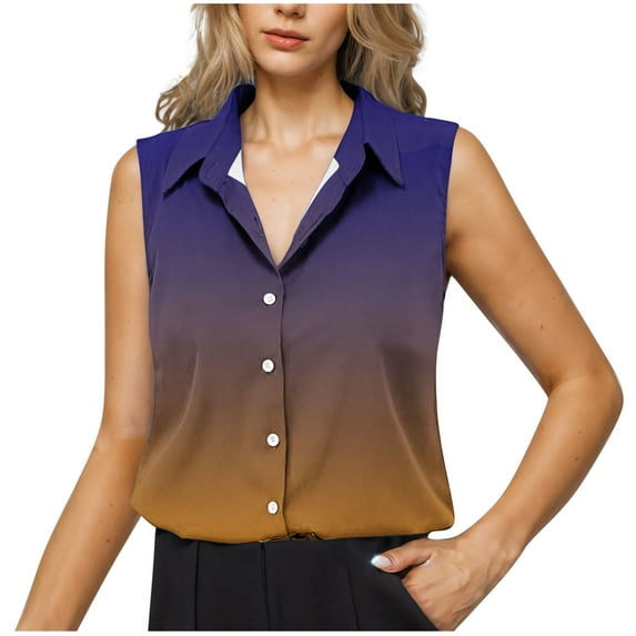 Uaswgudfs Women's Basic Lapel V-Neck Gradient color Blouse - Summer Work Formal Button Down Shirt, Sleeveless Casual Tank Top with Office