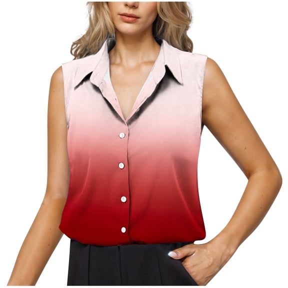 Uaswgudfs Women's Basic Lapel V-Neck Gradient color Blouse - Summer Work Formal Button Down Shirt, Sleeveless Casual Tank Top with Office