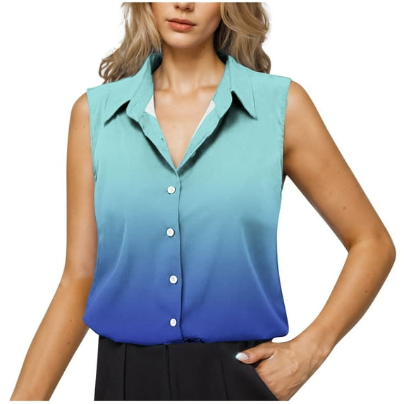 Uaswgudfs Women's Basic Lapel V-Neck Gradient color Blouse - Summer Work Formal Button Down Shirt, Sleeveless Casual Tank Top with Office