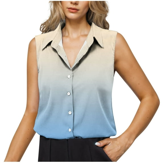 Uaswgudfs Women's Basic Lapel V-Neck Gradient color Blouse - Summer Work Formal Button Down Shirt, Sleeveless Casual Tank Top with Office