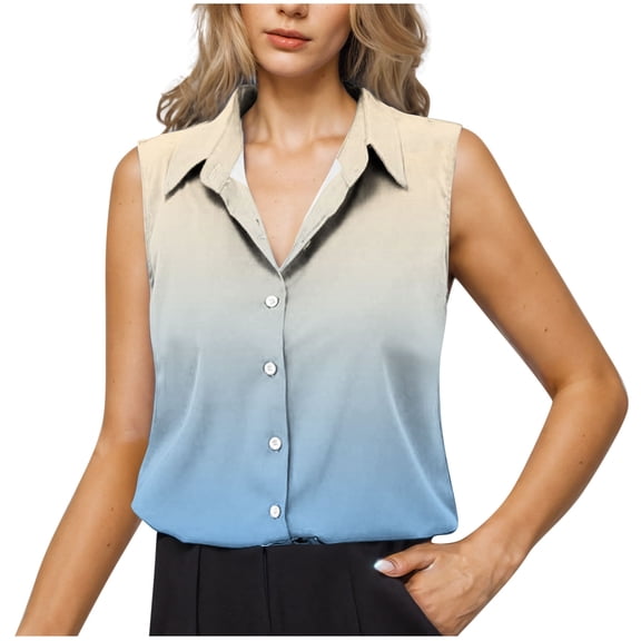 Uaswgudfs Women's Basic Lapel V-Neck Gradient color Blouse - Summer Work Formal Button Down Shirt, Sleeveless Casual Tank Top with Office
