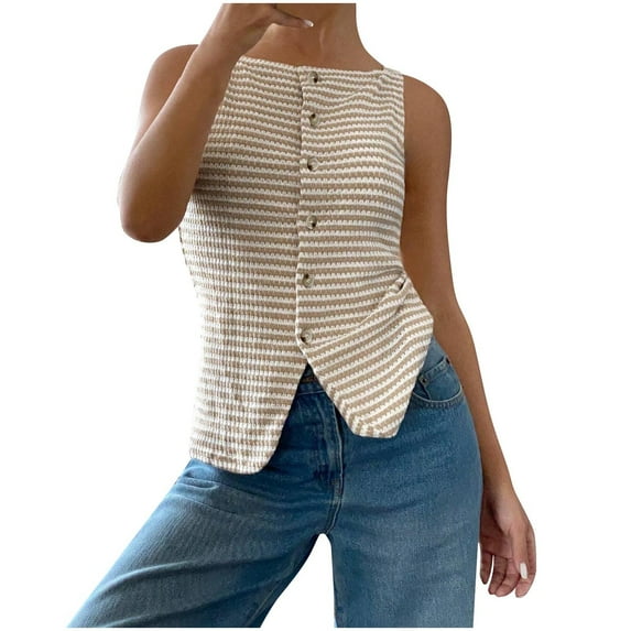 Uaswgudfs Women's Basic Striped Boat Neck Button Closure Casual Tank Top - Summer Sleeveless Relaxed Fit Tops 2025