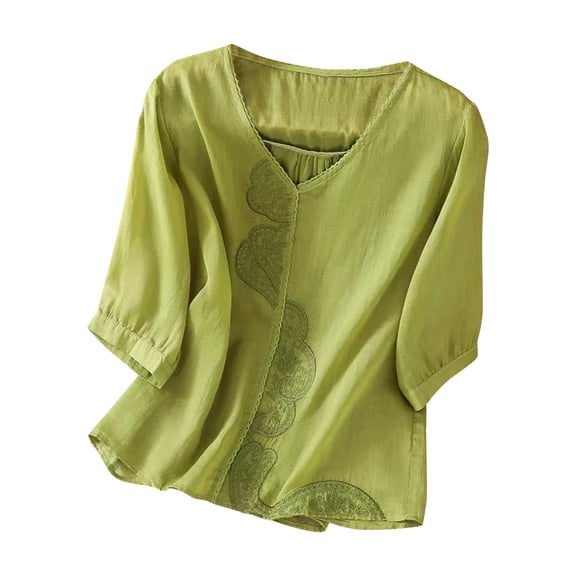 Uaswgudfs Women's Basic V-Neck Loose Blouse - 3/4 Sleeve Lightweight Top,Front Embroidery Print for Daily Leisure