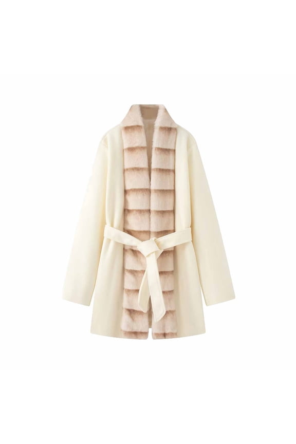 Women's Beige Elegant Faux Fur Collar Wool Blend Coat, Detachable Fur Trim Mid-Length Lady Style Casual Jacket - Fall Winter Outerwear Beige L
