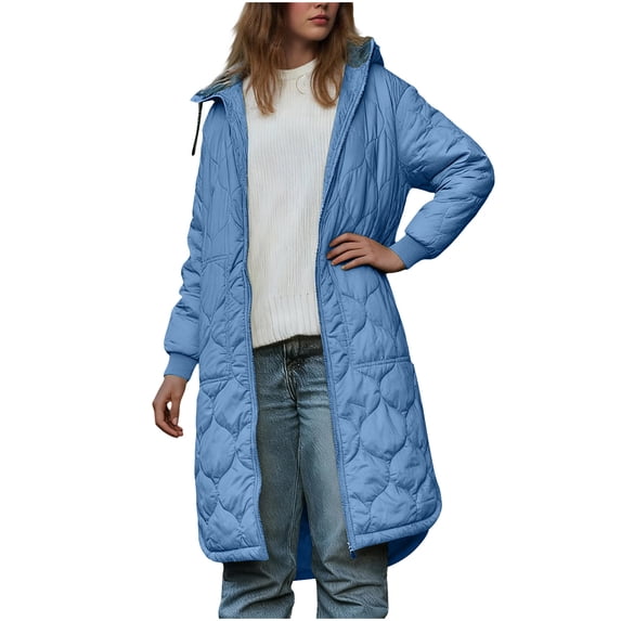 Uaswgudfs Women's Beige Mid-Length Quilted Puffer Coat, Hooded Long Sleeve Casual Winter Jacket with Pockets - Warm Outerwear Blue 2XL