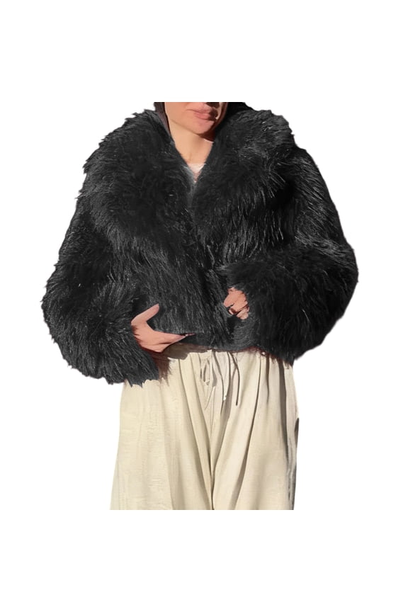 Women's Black Cropped Faux Fur Jacket, Long Sleeve Oversized Warm Winter Coat, Casual Trendy Outerwear - Fashion Essential Black S