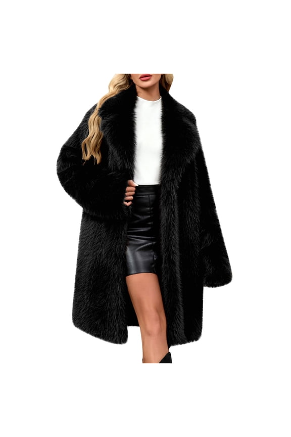 Women's Black Faux Fur Long Coat, Winter Lapel Collar Warm Jacket, Casual Luxury Outerwear - Trendy Fashion Black L