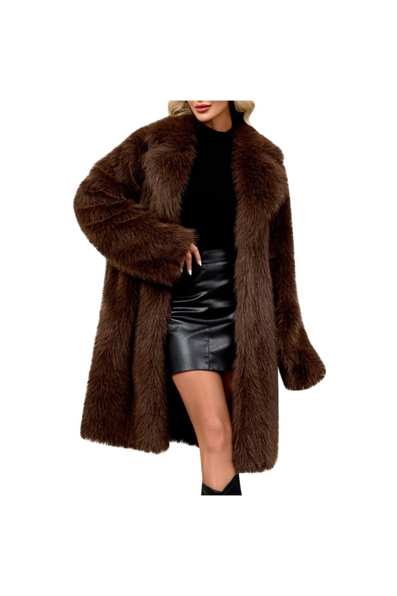 Women's Black Faux Fur Long Coat, Winter Lapel Collar Warm Jacket, Casual Luxury Outerwear - Trendy Fashion Brown S