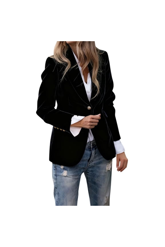 Women's Black Velvet Blazer, Fall Winter Street Style Single-Button Suit Jacket - Casual Outerwear Black L