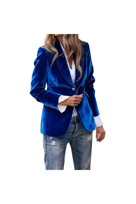 Women's Black Velvet Blazer, Fall Winter Street Style Single-Button Suit Jacket - Casual Outerwear Blue L