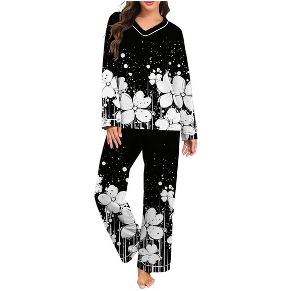 Uaswgudfs Women's Black White Floral Print Pajama Set V-Neck Long Sleeve Loose Loungewear Top & Pants 2-Piece Casual Sleepwear Outfit for Women Daily Wear & Sleeping Black S
