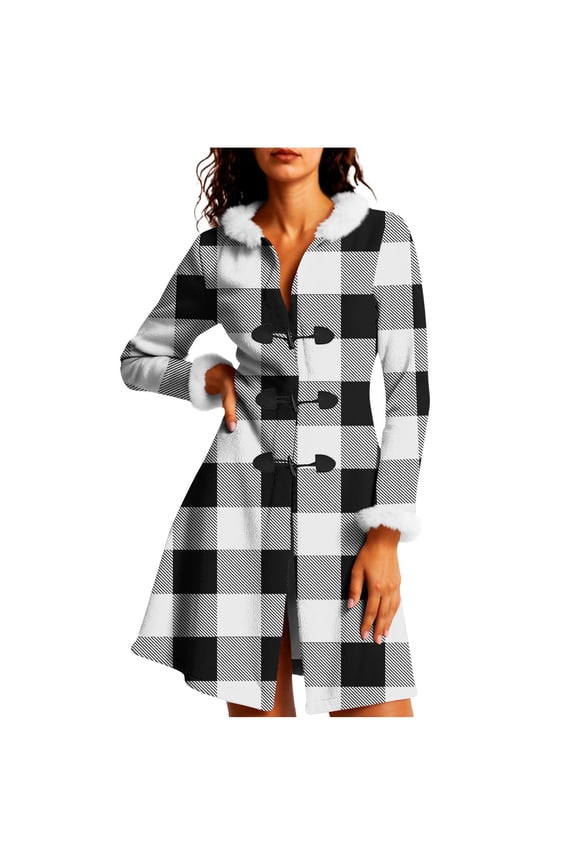 Women's Black White Plaid Christmas Coat with Faux Fur Collar, Toggle Button Long Sleeve Hooded Flannel Outerwear - Festive Winter Fashion Jacket Black S