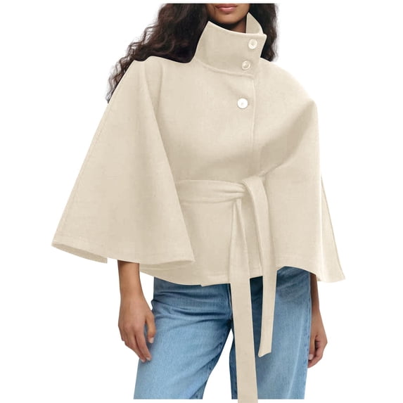 Uaswgudfs Women's Black Wool Cape Coat, Stand Collar Button Belted Casual Jacket - Fashion Outerwear White M