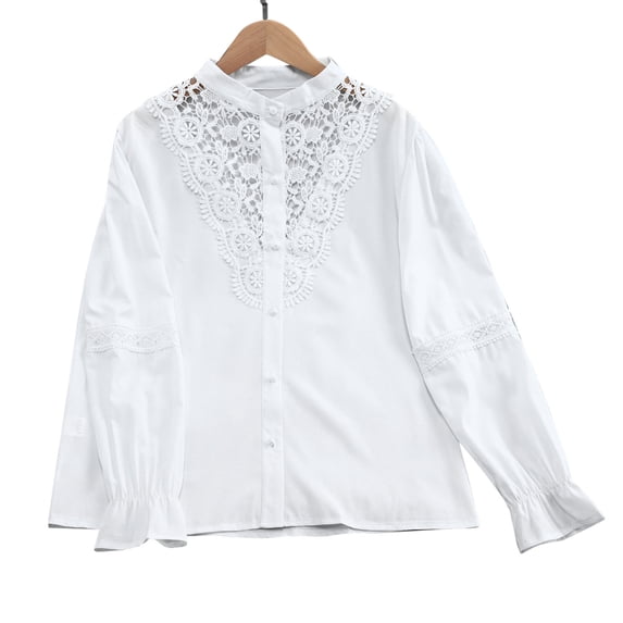 Uaswgudfs Women's Blouses High Neck Long Sleeve with Intricate Lace Paneling Ruffled Cuffs Button Front Closure Sophisticated Style for Formal Events and Special Occasions White XL