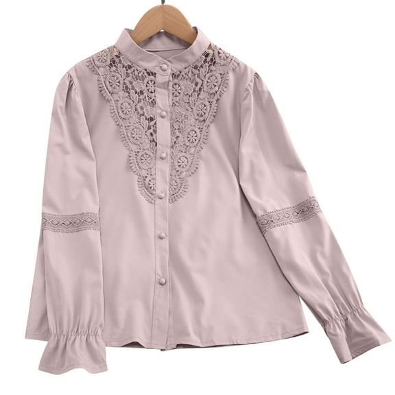 Uaswgudfs Women's Blouses High Neck Long Sleeve with Intricate Lace Paneling Ruffled Cuffs Button Front Closure Sophisticated Style for Formal Events and Special Occasions Pink L
