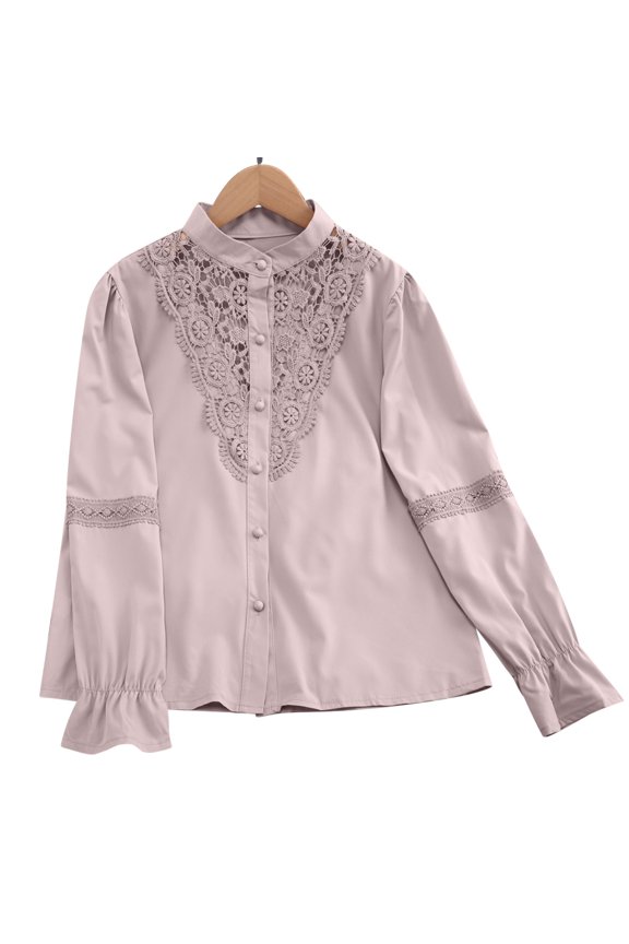 Women's Blouses High Neck Long Sleeve with Intricate Lace Paneling Ruffled Cuffs Button Front Closure Sophisticated Style for Formal Events and Special Occasions Pink S