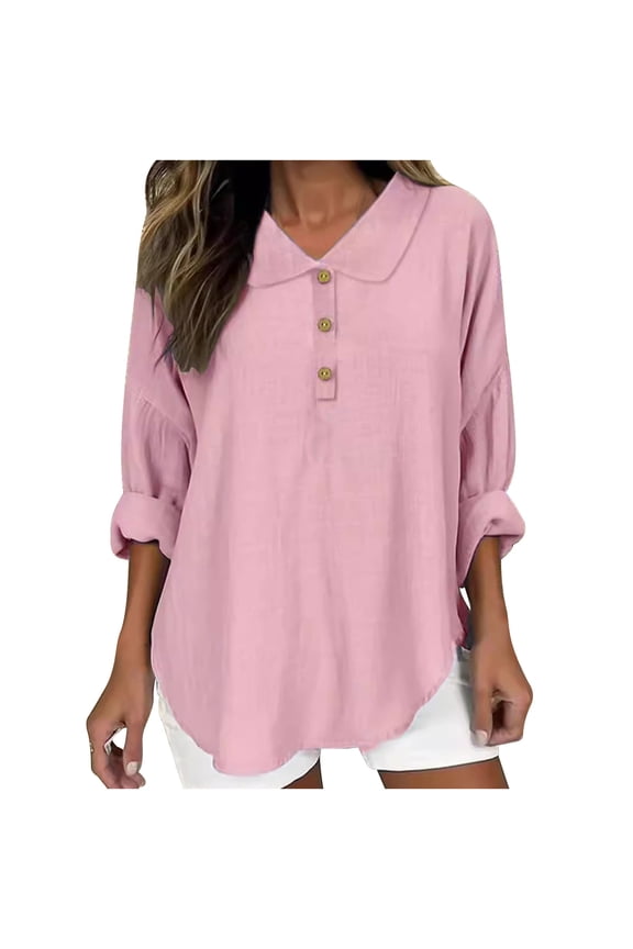 Women's Blouses Oversized Polo Collar with Decorative Buttons Rolled Three-Quarter Sleeves Lightweight Linen-Like Fabric Breathable Casual Summer Top Pink S