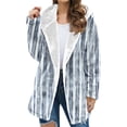 thumbnail image 1 of Uaswgudfs Women's Blue Striped Flannel Hooded Coat, Long Sleeve Knee-Length Zippered Outerwear - Warm Winter Fashion Jacket Blue L, 1 of 5
