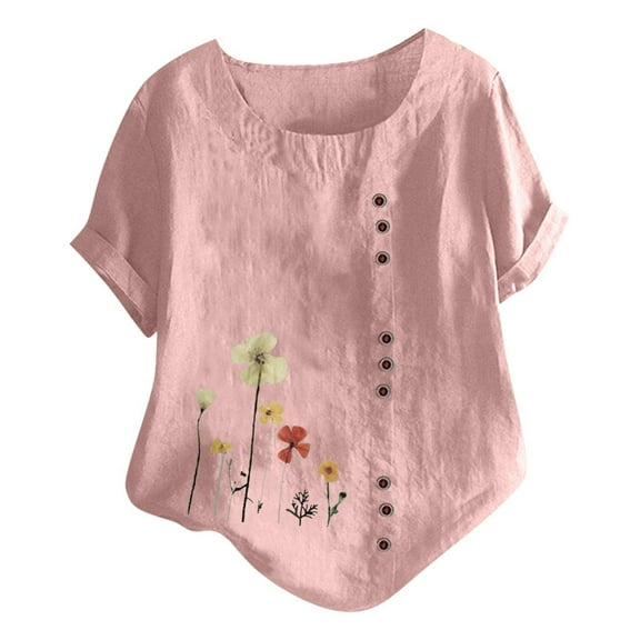 Uaswgudfs Women's Boat Neck Floral Embroidery Linen Blouse Half Sleeve Casual Tunic Cute Top for Spring/Summer Versatility