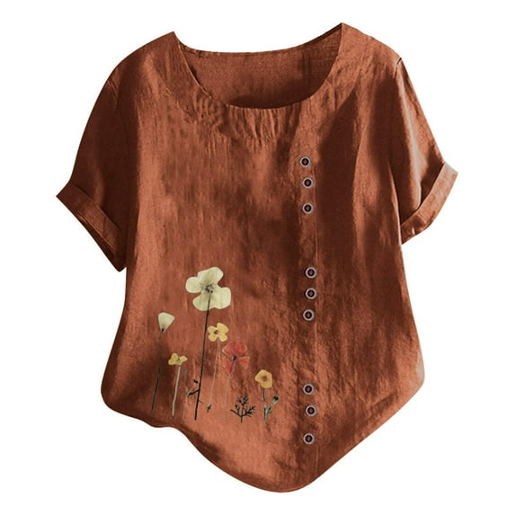 Uaswgudfs Women's Boat Neck Floral Embroidery Linen Blouse Half Sleeve Casual Tunic Cute Top for Spring/Summer Versatility