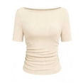 thumbnail image 1 of Uaswgudfs Women's Boat Neck Ruched Short Sleeve Tops Fitted Ribbed Knit T-Shirts Y2k Basic Tees for 2026 Spring Summer Outfits Beige XL, 1 of 5