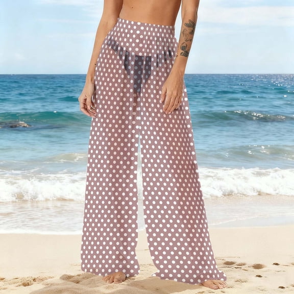 Uaswgudfs Women's Bohemian Beach Pants Sun Protective Sheer Pants Sheer Polka Dot Print Loose Fit Casual Summer Beachwear Pink 2XL