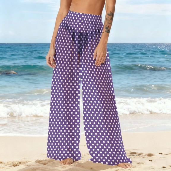 Uaswgudfs Women's Bohemian Beach Pants Sun Protective Sheer Pants Sheer Polka Dot Print Loose Fit Casual Summer Beachwear Purple S