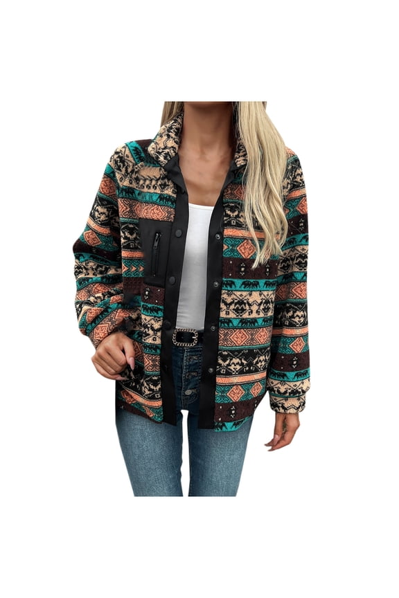 Women's Boho Ethnic Print Lapel Long Sleeve Loose Retro Button Jacket, Casual Patchwork Outerwear for Fall Winter Daily Leisure & Trendy Outfits Black L