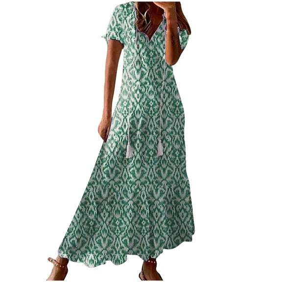 Uaswgudfs Women's Boho Summer Casual Short Sleeve V-Neck Midi Dress - 2025 Geometric Print Cotton Blend Lightweight Everyday Dress Green XL