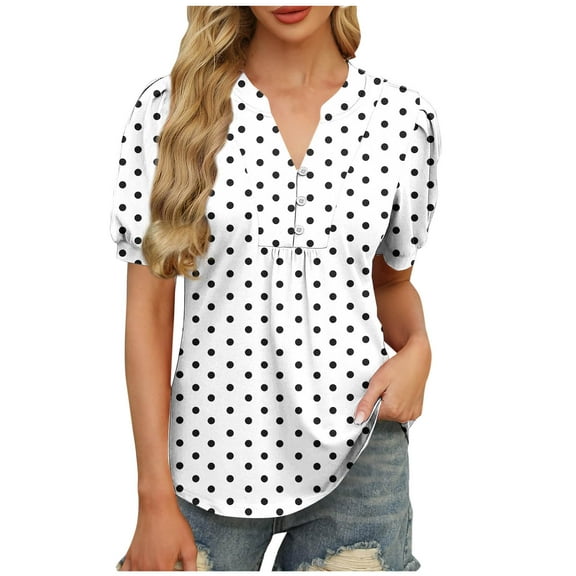 Uaswgudfs Women's Breathable Blouse Top with Polka Dot Pattern - V-Neck Button-Front Shirt for Playful Casual Looks