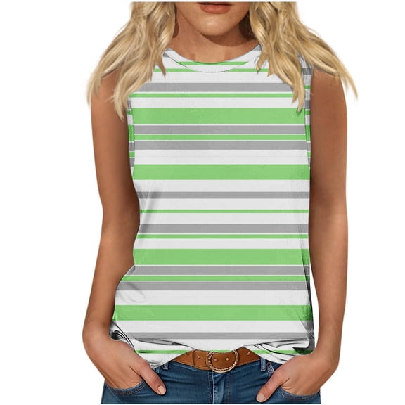 Uaswgudfs Women's Breathable Striped - Sleeveless Crew Neck Tank Top with Color Block Design for Business Casual Loose Fit Tops