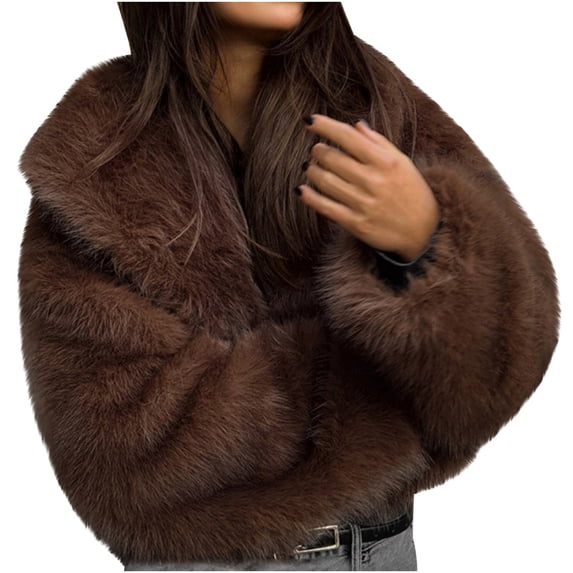 Uaswgudfs Women's Brown Faux Fur Cropped Jacket, Winter Lapel Collar Warm Outerwear, Casual Trendy Coat - Fashion Essential Brown S
