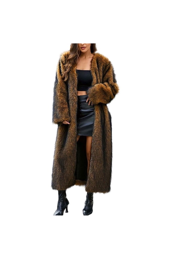 Women's Brown Long Faux Fur Coat, Winter Warm Full-Length Jacket, Casual Luxury Outerwear - Trendy Fashion Brown L