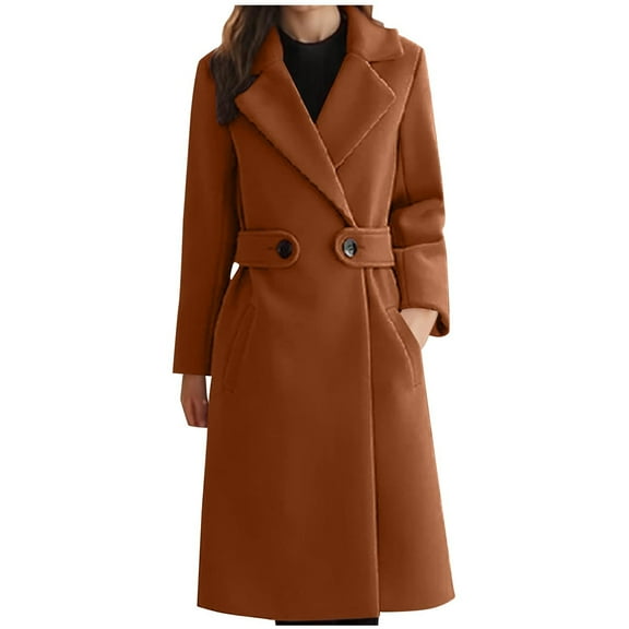 Uaswgudfs Women's Burgundy Wool Blend Coat, Mid-Length Lapel Belted Waist Casual Jacket with Pockets - Fall Winter Outerwear Brown XL